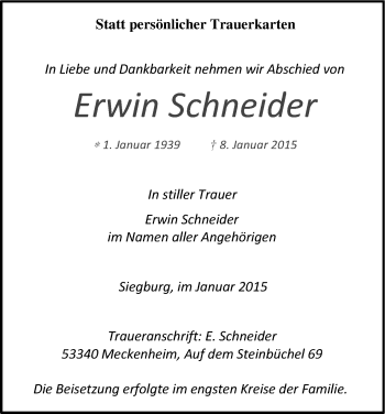 Anzeige von Erwin Schneider von Kölner Stadt-Anzeiger / Kölnische Rundschau / Express