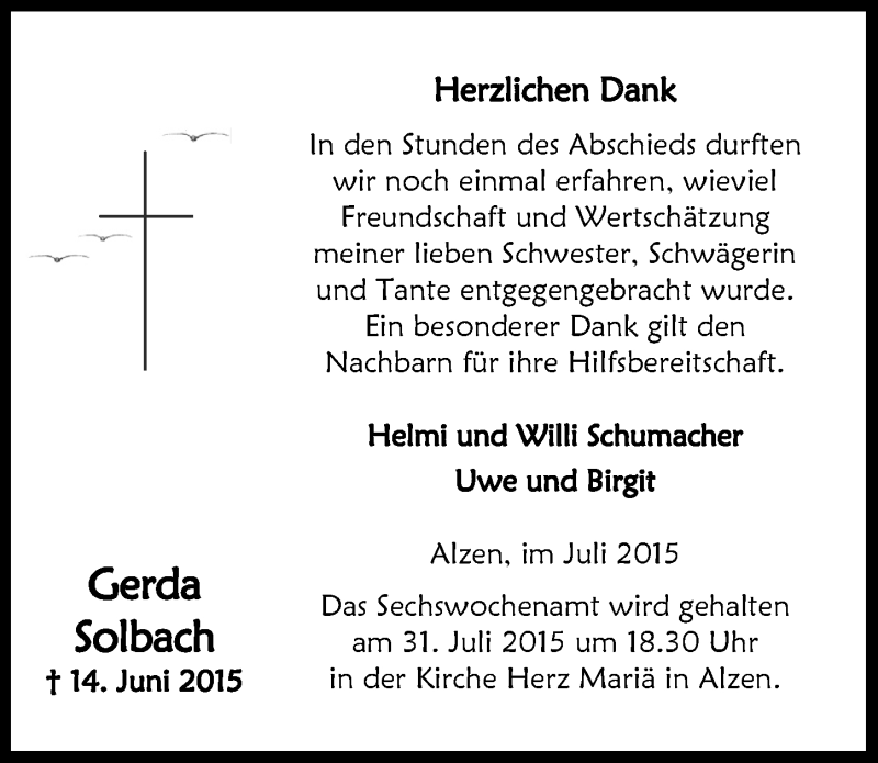  Traueranzeige für Gerda Solbach vom 29.07.2015 aus  Lokalanzeiger 