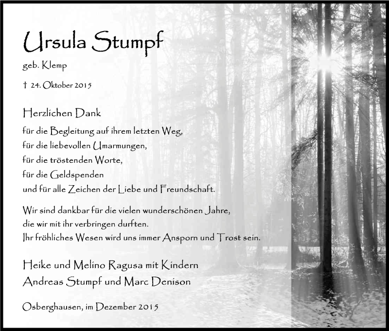  Traueranzeige für Ursula Stumpf vom 09.12.2015 aus Kölner Stadt-Anzeiger / Kölnische Rundschau / Express