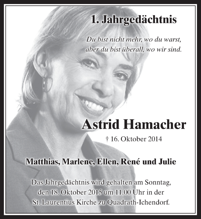  Traueranzeige für Astrid Hamacher vom 14.10.2015 aus  Werbepost 