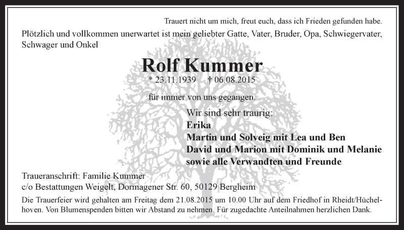  Traueranzeige für Rolf Kummer vom 12.08.2015 aus  Werbepost 
