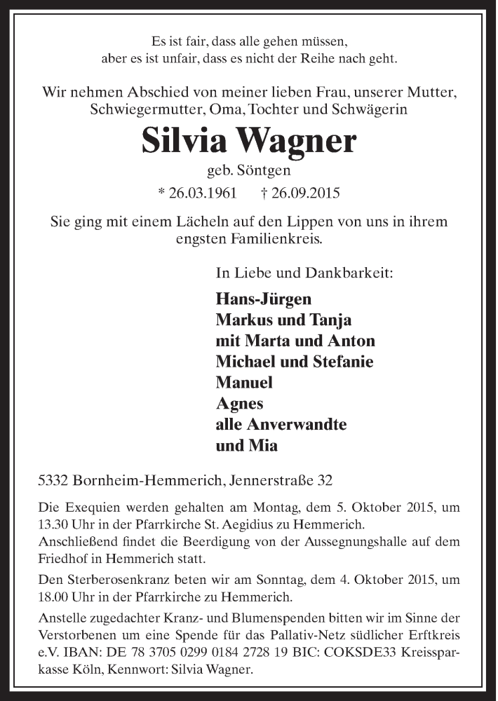  Traueranzeige für Silvia Wagner vom 30.09.2015 aus  Schaufenster/Blickpunkt 