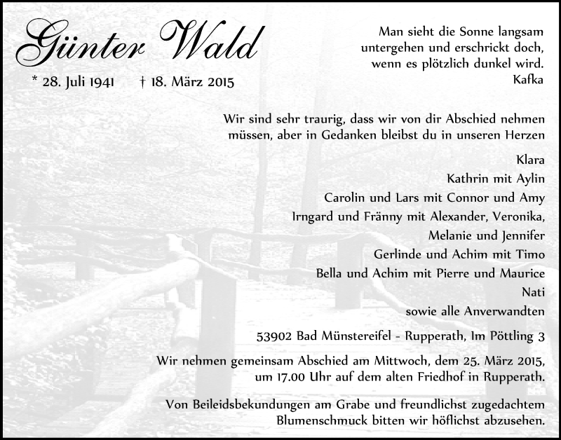  Traueranzeige für Günter Wald vom 22.03.2015 aus  Blickpunkt Euskirchen 