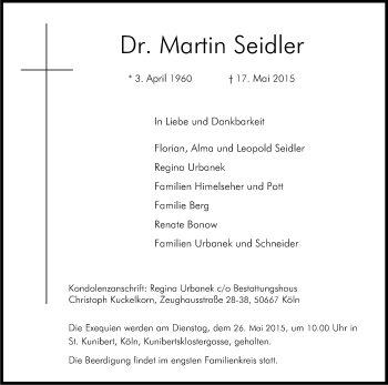 Anzeige von Martin Seidler von Kölner Stadt-Anzeiger / Kölnische Rundschau / Express