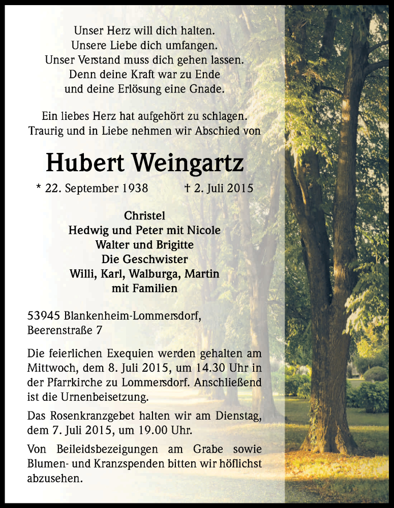  Traueranzeige für Hubert Weingartz vom 04.07.2015 aus Kölner Stadt-Anzeiger / Kölnische Rundschau / Express