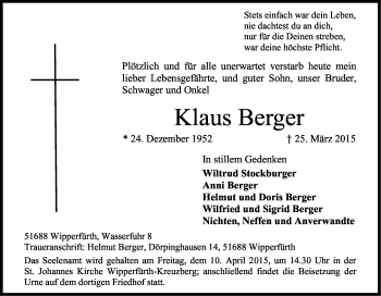 Anzeige von Klaus Berger von Kölner Stadt-Anzeiger / Kölnische Rundschau / Express