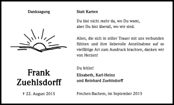 Anzeige von Frank Zuehlsdorff von Kölner Stadt-Anzeiger / Kölnische Rundschau / Express