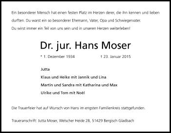 Anzeige von Hans Moser von Kölner Stadt-Anzeiger / Kölnische Rundschau / Express