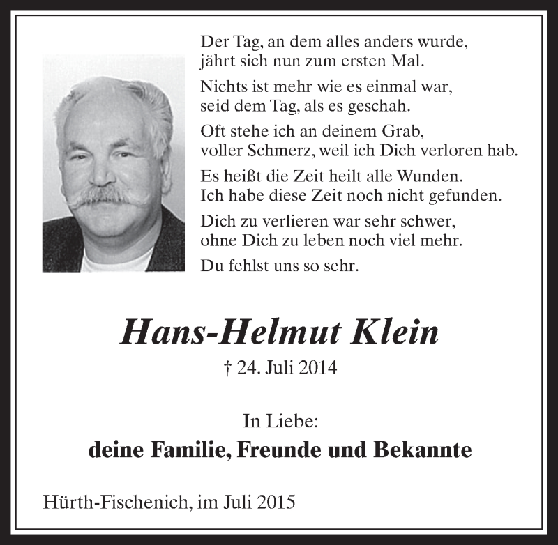  Traueranzeige für Hans-Helmut Klein vom 22.07.2015 aus  Wochenende 