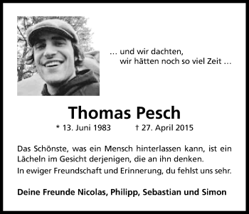 Anzeige von Thomas Pesch von Kölner Stadt-Anzeiger / Kölnische Rundschau / Express