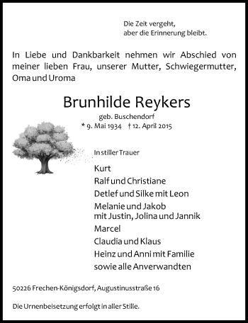 Anzeige von Brunhilde Reykers von  Wochenende 