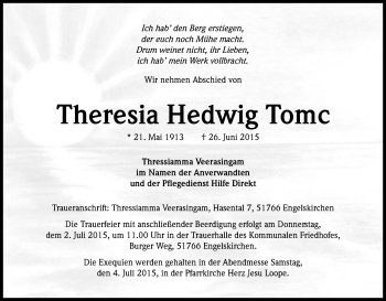Anzeige von Theresia Hedwig Tomc von Kölner Stadt-Anzeiger / Kölnische Rundschau / Express