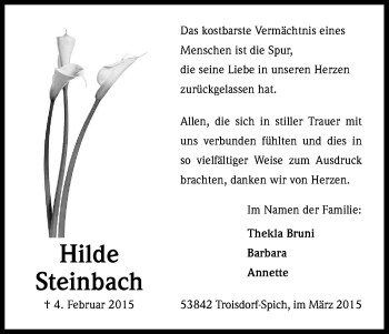 Anzeige von Hilde Steinbach von Kölner Stadt-Anzeiger / Kölnische Rundschau / Express