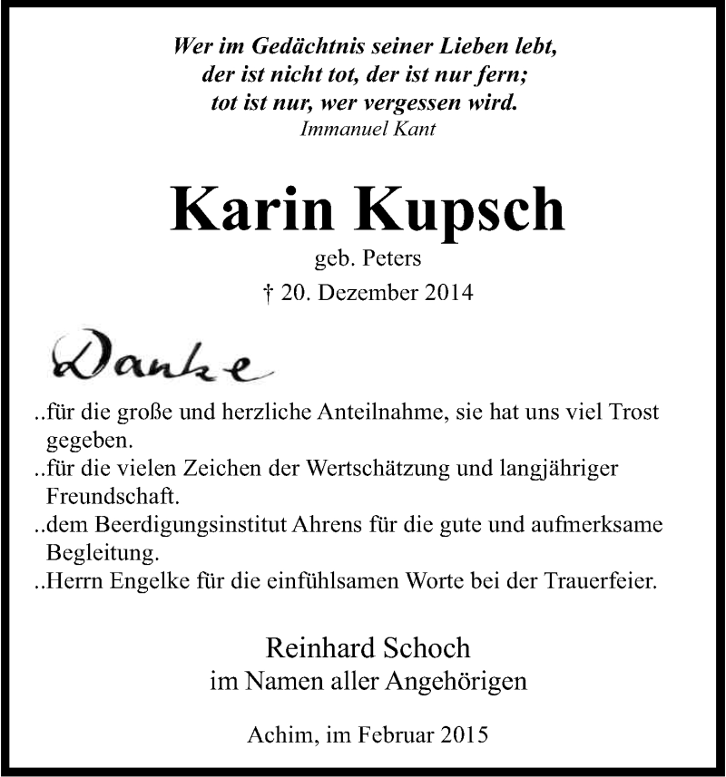  Traueranzeige für Karin  Kupsch vom 23.02.2015 aus Kölner Stadt-Anzeiger / Kölnische Rundschau / Express