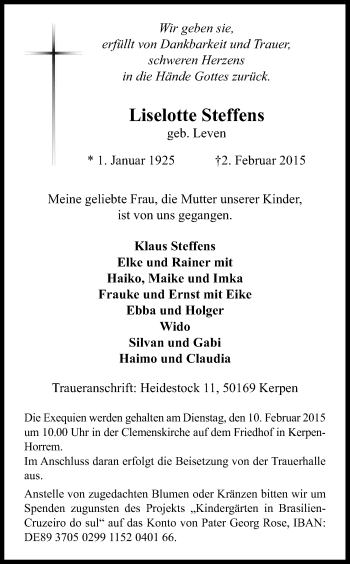 Anzeige von Liselotte Steffens von Kölner Stadt-Anzeiger / Kölnische Rundschau / Express