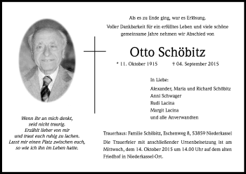 Anzeige von Otto Schöbitz von Kölner Stadt-Anzeiger / Kölnische Rundschau / Express