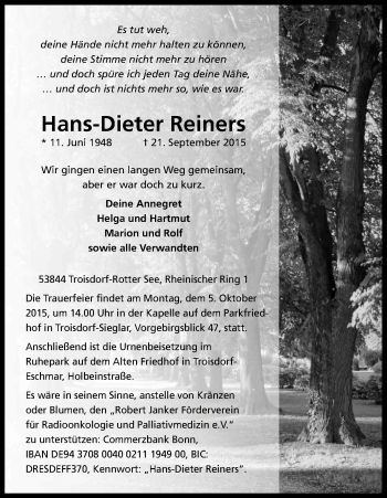 Anzeige von Hans-Dieter Reiners von Kölner Stadt-Anzeiger / Kölnische Rundschau / Express