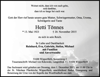 Anzeige von Hetti Tönnes von Kölner Stadt-Anzeiger / Kölnische Rundschau / Express