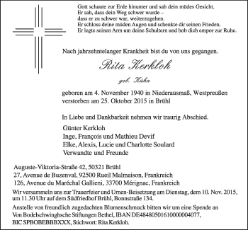 Anzeige von Rita Kerkloh von  Schlossbote/Werbekurier 