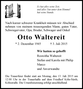 Anzeige von Otto Waltereit von  Kölner Wochenspiegel 