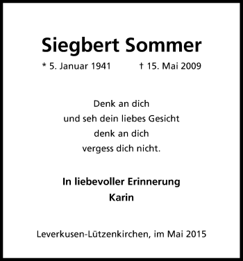 Anzeige von Siegbert Sommer von Kölner Stadt-Anzeiger / Kölnische Rundschau / Express