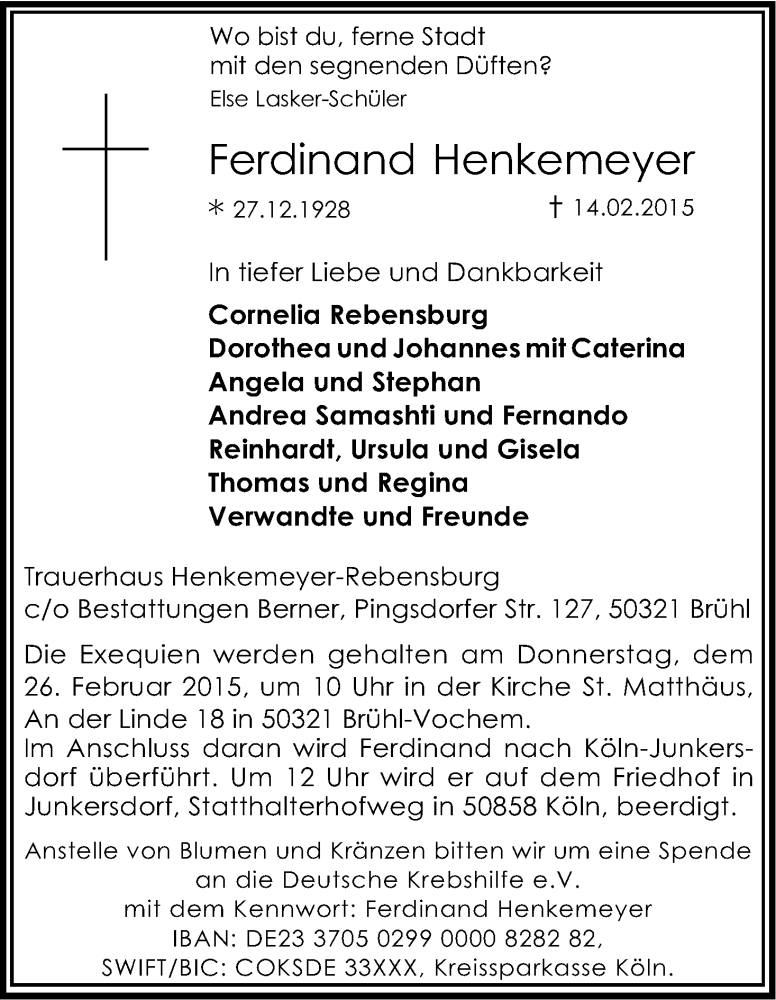  Traueranzeige für Ferdinand Henkemeyer vom 21.02.2015 aus Kölner Stadt-Anzeiger / Kölnische Rundschau / Express