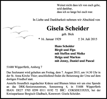 Anzeige von Gisela Scheider von Kölner Stadt-Anzeiger / Kölnische Rundschau / Express