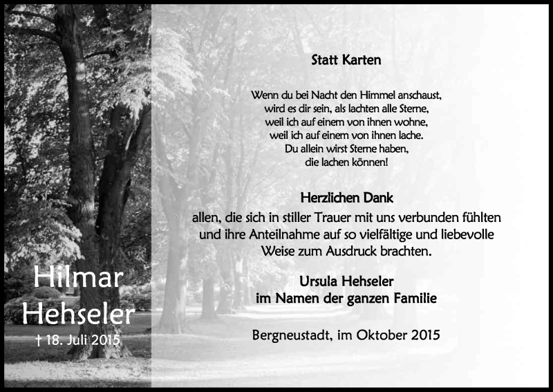  Traueranzeige für Hilmar Hehseler vom 10.10.2015 aus Kölner Stadt-Anzeiger / Kölnische Rundschau / Express