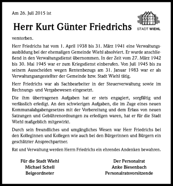 Anzeige von Kurt Günter Friedrichs von Kölner Stadt-Anzeiger / Kölnische Rundschau / Express