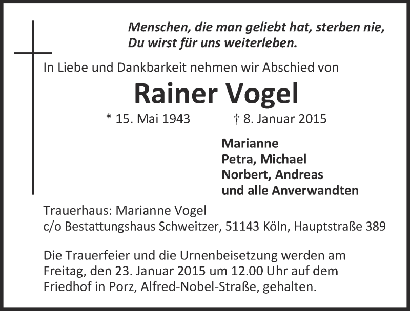  Traueranzeige für Rainer Vogel vom 21.01.2015 aus  Kölner Wochenspiegel 