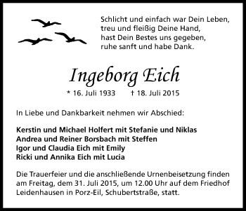 Anzeige von Ingeborg Eich von Kölner Stadt-Anzeiger / Kölnische Rundschau / Express