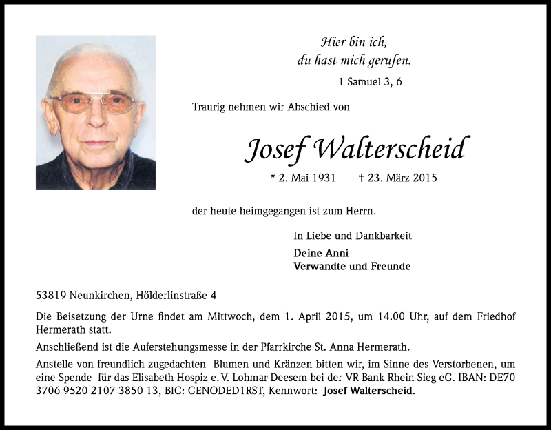  Traueranzeige für Josef Walterscheid vom 28.03.2015 aus Kölner Stadt-Anzeiger / Kölnische Rundschau / Express