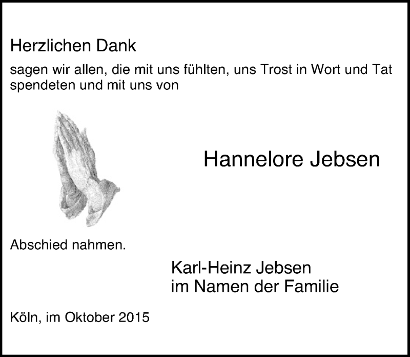  Traueranzeige für Hannelore Jebsen vom 14.10.2015 aus  Kölner Wochenspiegel 