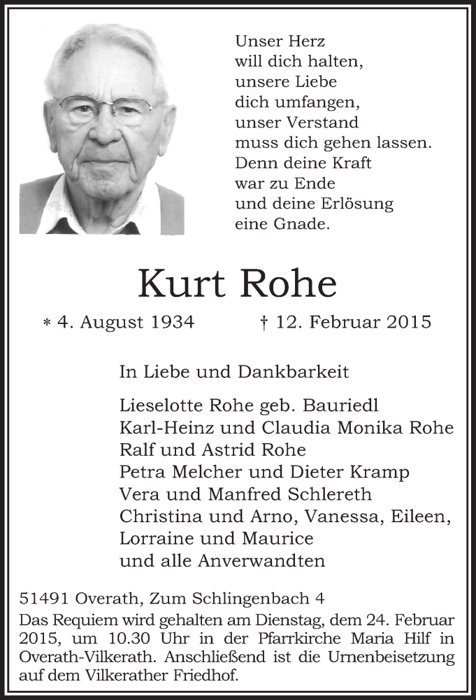  Traueranzeige für Kurt Rohe vom 18.02.2015 aus  Bergisches Handelsblatt 