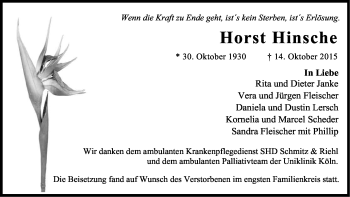 Anzeige von Horst Hinsche von Kölner Stadt-Anzeiger / Kölnische Rundschau / Express