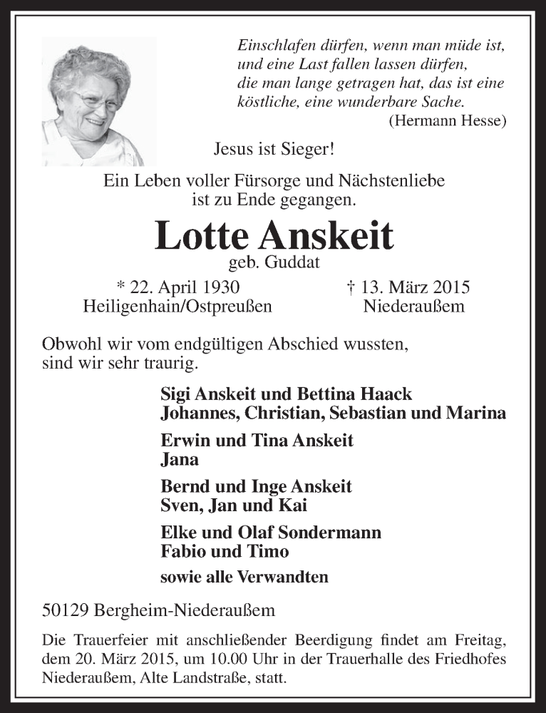  Traueranzeige für Lotte Anskeit vom 18.03.2015 aus  Werbepost 