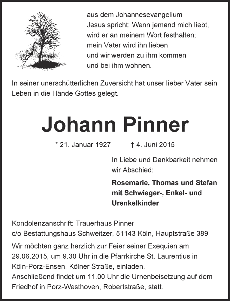  Traueranzeige für Johann Pinner vom 24.06.2015 aus  Kölner Wochenspiegel 