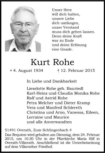 Anzeige von Kurt Rohe von Kölner Stadt-Anzeiger / Kölnische Rundschau / Express
