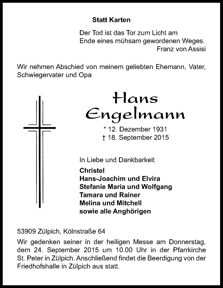  Traueranzeige für Hans Engelmann vom 21.09.2015 aus Kölner Stadt-Anzeiger / Kölnische Rundschau / Express