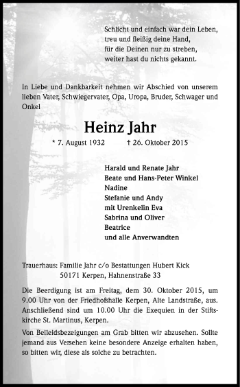 Anzeige von Heinz Jahr von Kölner Stadt-Anzeiger / Kölnische Rundschau / Express