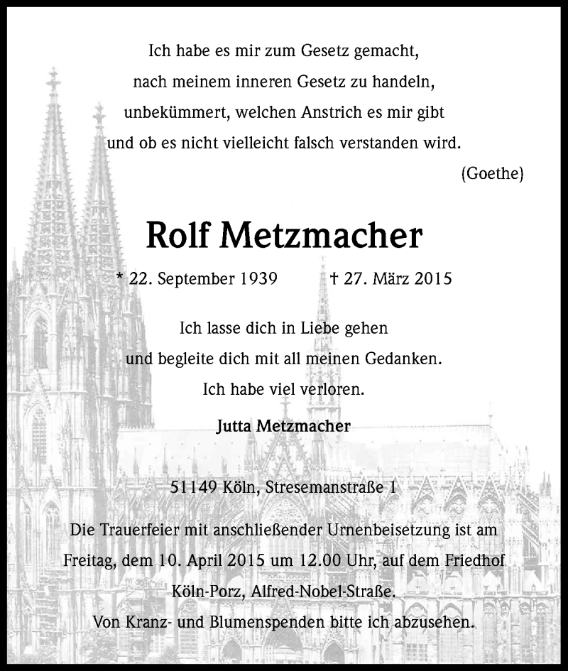  Traueranzeige für Rolf Metzmacher vom 04.04.2015 aus Kölner Stadt-Anzeiger / Kölnische Rundschau / Express