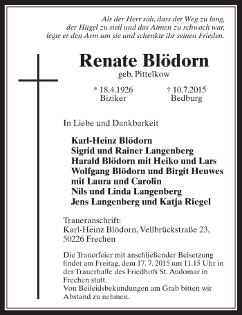 Anzeige von Renate Blödorn von  Wochenende 