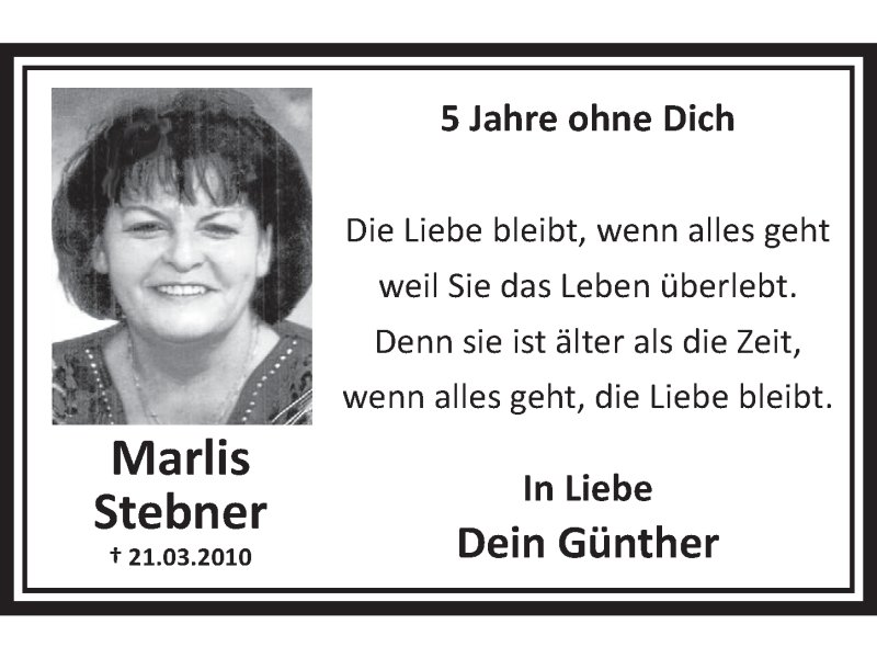  Traueranzeige für Marlis Stebner vom 18.03.2015 aus  Schlossbote/Werbekurier 