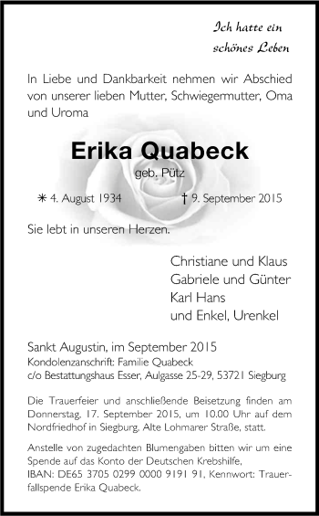 Anzeige von Erika Quabeck von Kölner Stadt-Anzeiger / Kölnische Rundschau / Express