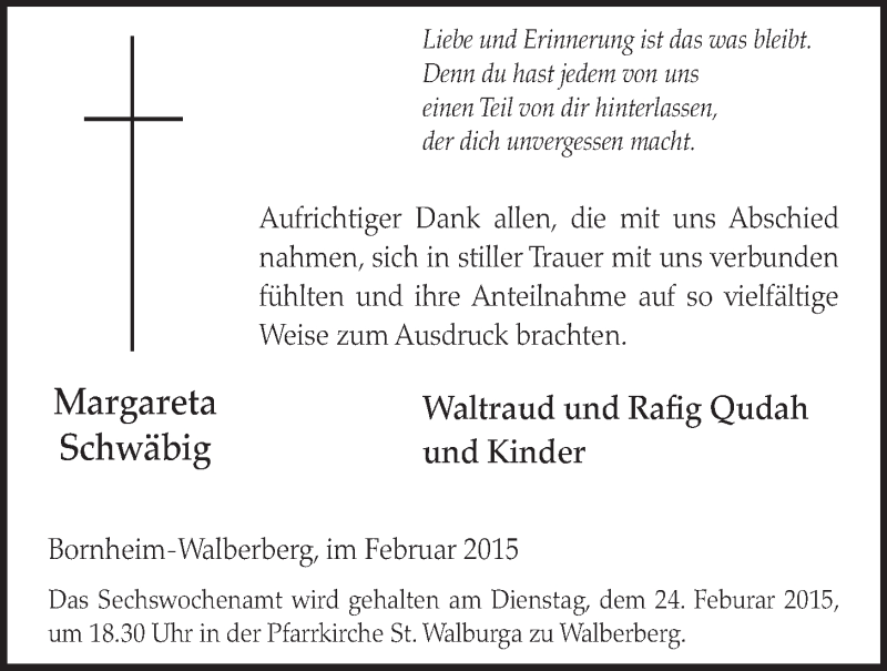  Traueranzeige für Margareta Schwäbig vom 18.02.2015 aus  Schlossbote/Werbekurier 
