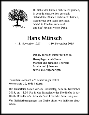 Anzeige von Hans Münsch von Kölner Stadt-Anzeiger / Kölnische Rundschau / Express