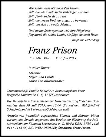 Anzeige von Fanz Prison von Kölner Stadt-Anzeiger / Kölnische Rundschau / Express