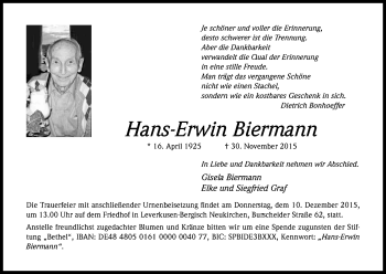 Anzeige von Hans-Erwin Biermann von Kölner Stadt-Anzeiger / Kölnische Rundschau / Express