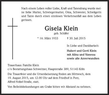 Anzeige von Gisela Klein von  Kölner Wochenspiegel 