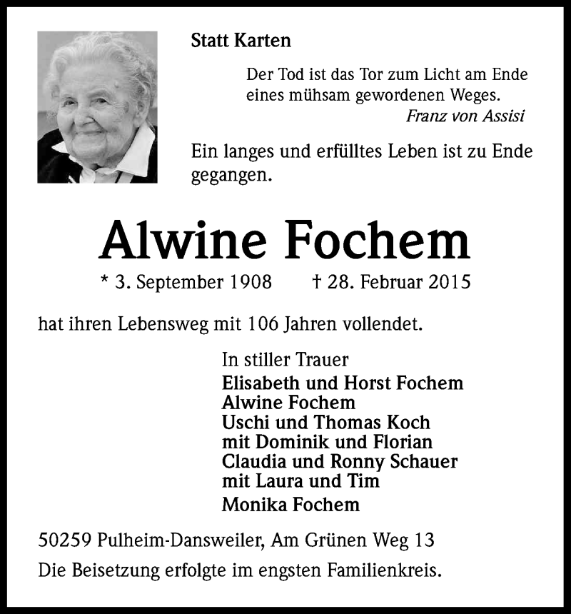  Traueranzeige für Alwine Fochem vom 14.03.2015 aus Kölner Stadt-Anzeiger / Kölnische Rundschau / Express
